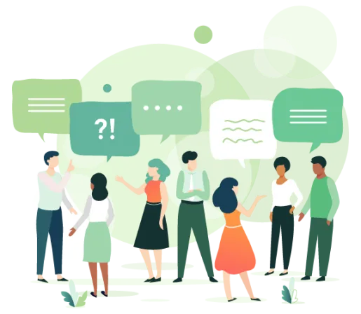 A group of people talking with various speech bubbles